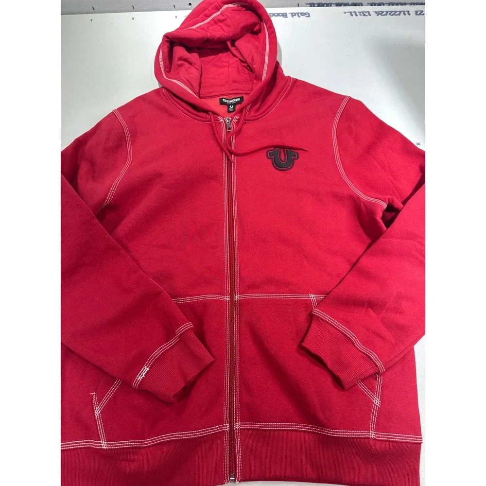 True Religion Mens Red Full Zip Buddha Logo Hoodie White Contrast Stitch XL